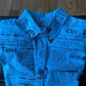 Aloha shirt.  Roberta Oaks.  Blue….newspaper print. Medium.
